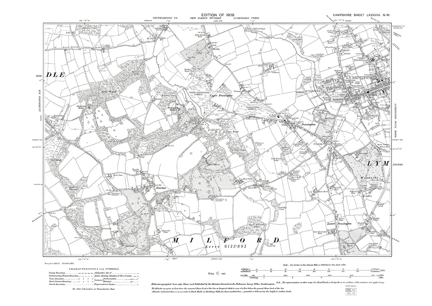 Old OS map dated 1909, showing Lymington (west), Pennington, Everton in Hampshire - 88NW