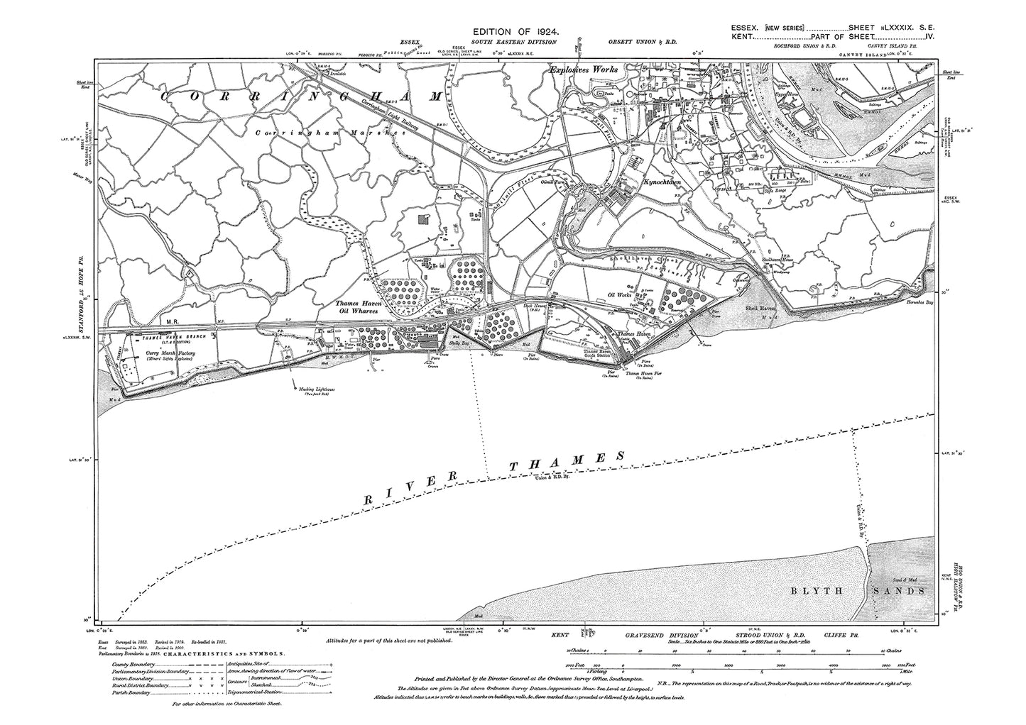 Old OS map dated 1924, showing Thames Haven and Kynochtown in Essex - 89SE