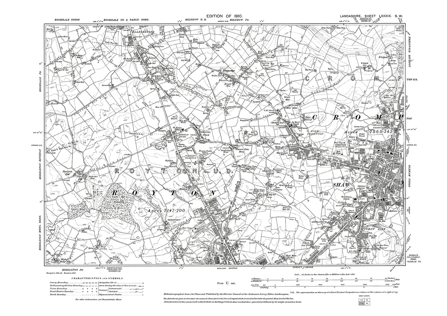 Crompton (west), Shaw (west), Royton (north) - Lancashire in 1910 : 89SW