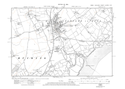 Old OS map dated 1924, showing Stanford le Hope and Mucking in Essex - 89SW