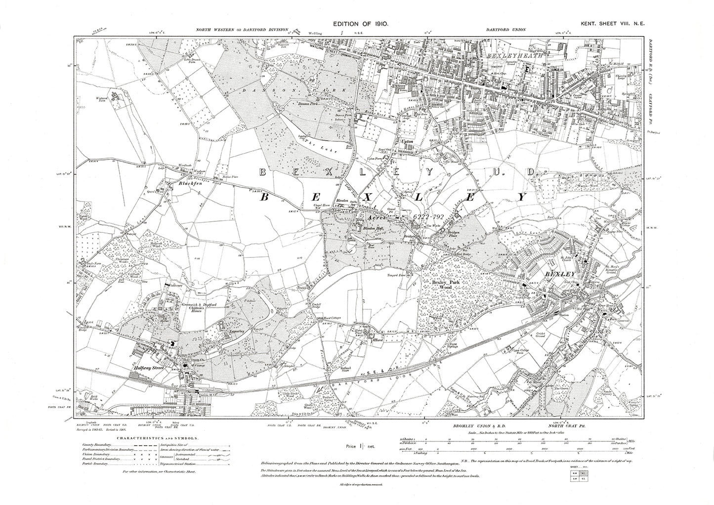 Bexley Heath, Bexley, Halfway Street, old map Kent 1910: 8NE