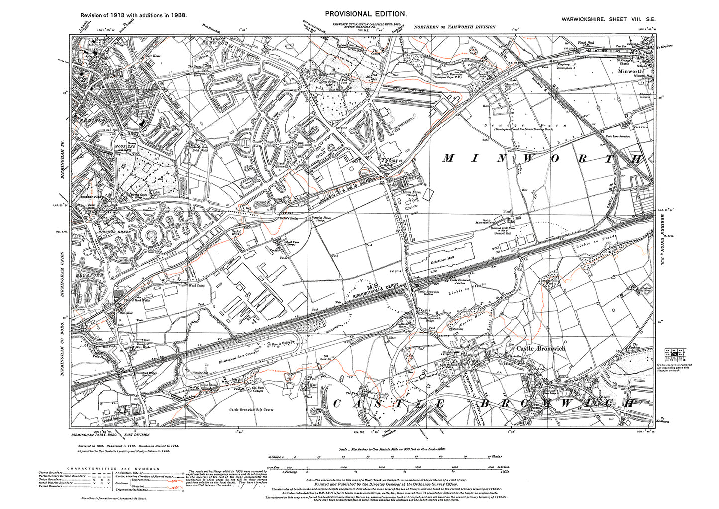 Birmingham, Erdington, Castle Bromwich, Tyburn, Minworth (west), old map Warwickshire 1938: 8SE