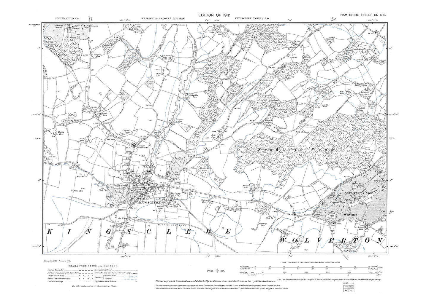 Old OS map dated 1912, showing Kingsclere, Wolverton in Hampshire - 9NE