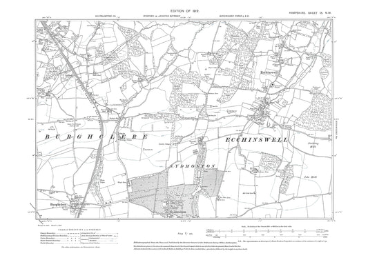 Old OS map dated 1912, showing Highclere (west), Ecchinswell, Sydmonton (north) in Hampshire - 9NW