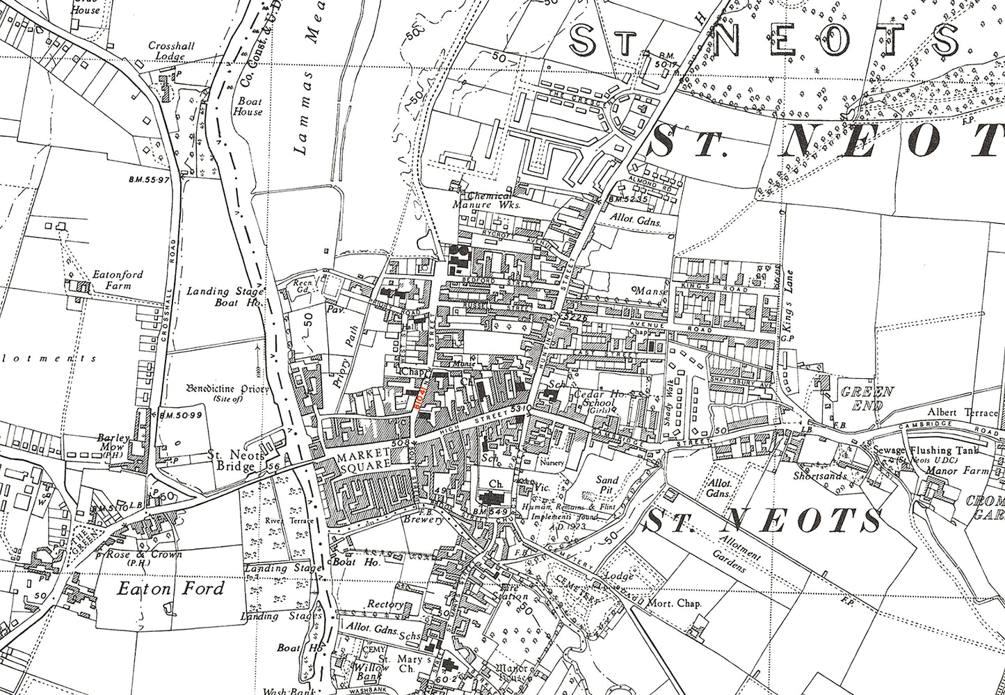 A 1950 map showing Eaton Socon (north) and Eaton Ford (plus St Neots, Hunts) in Bedfordshire - A Digital Download 0f OS 1:10560 scale map, Beds 9NW