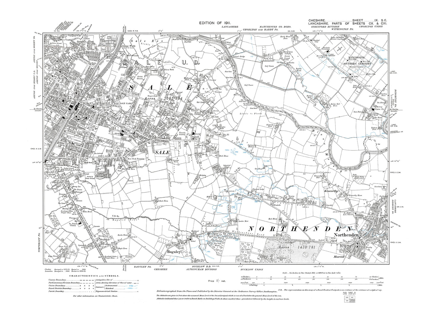 Old OS map dated 1911, showing Sale, Northenden (west), Baguley in Cheshire 9SE