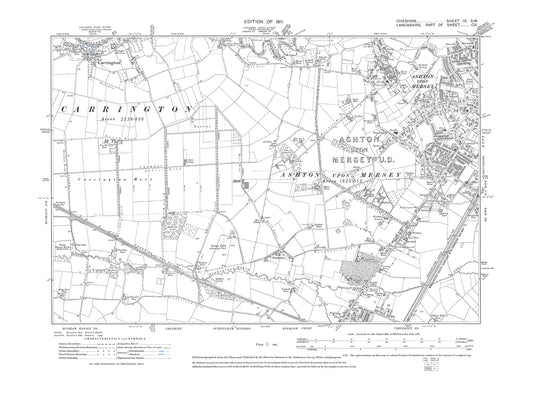 Old OS map dated 1911, showing Sale (west), Ashton upon Mersey, Carrington in Cheshire 9SW