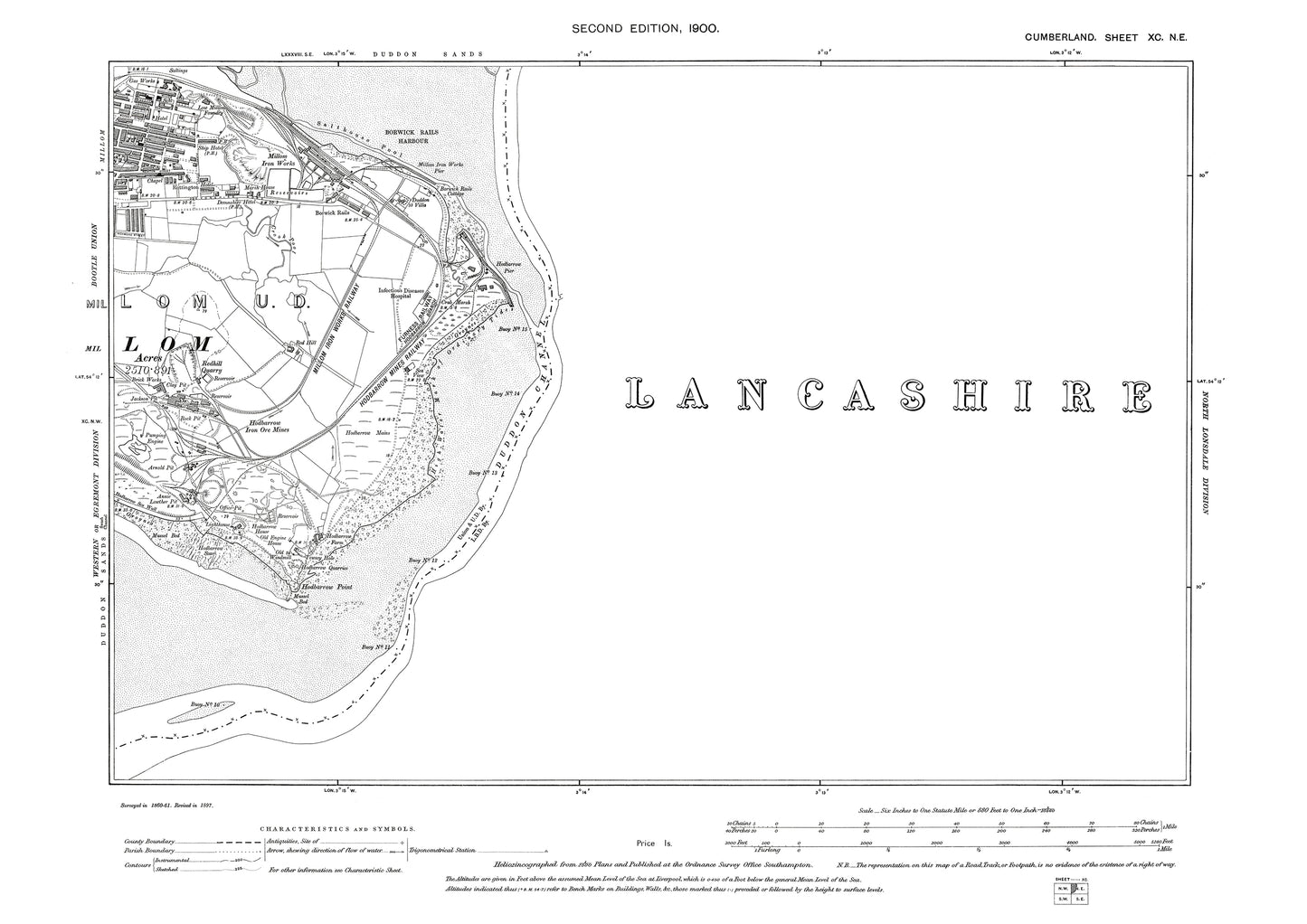 Old OS map dated 1900, showing Millom in Cumberland - 90NE