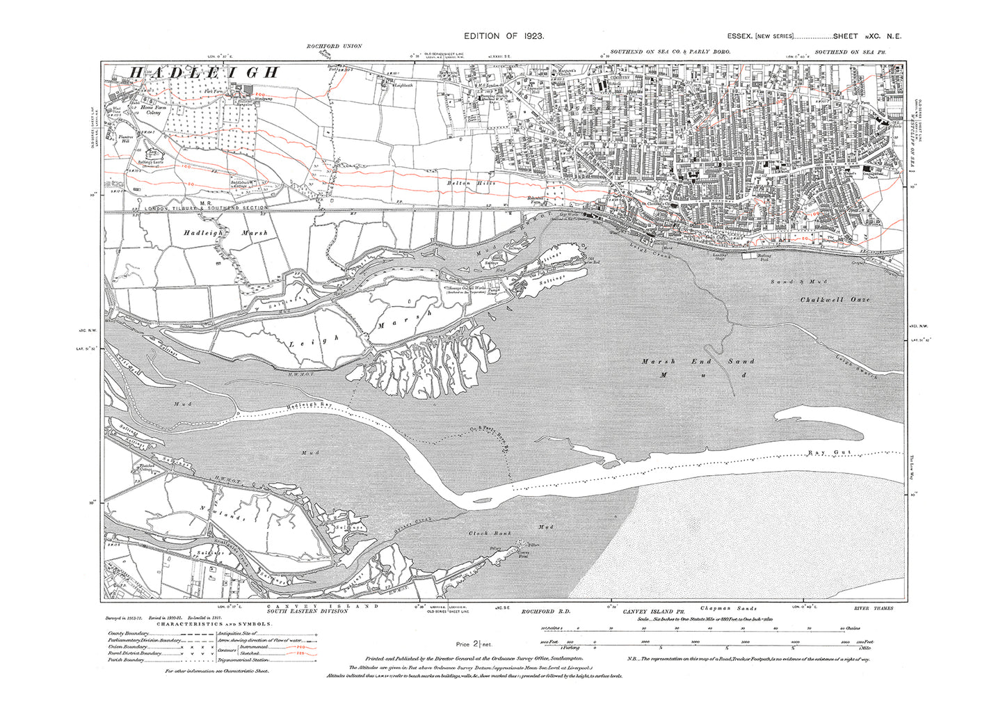 Old OS map dated 1923, showing Southend (west) and Belton Hills in Essex - 90NE