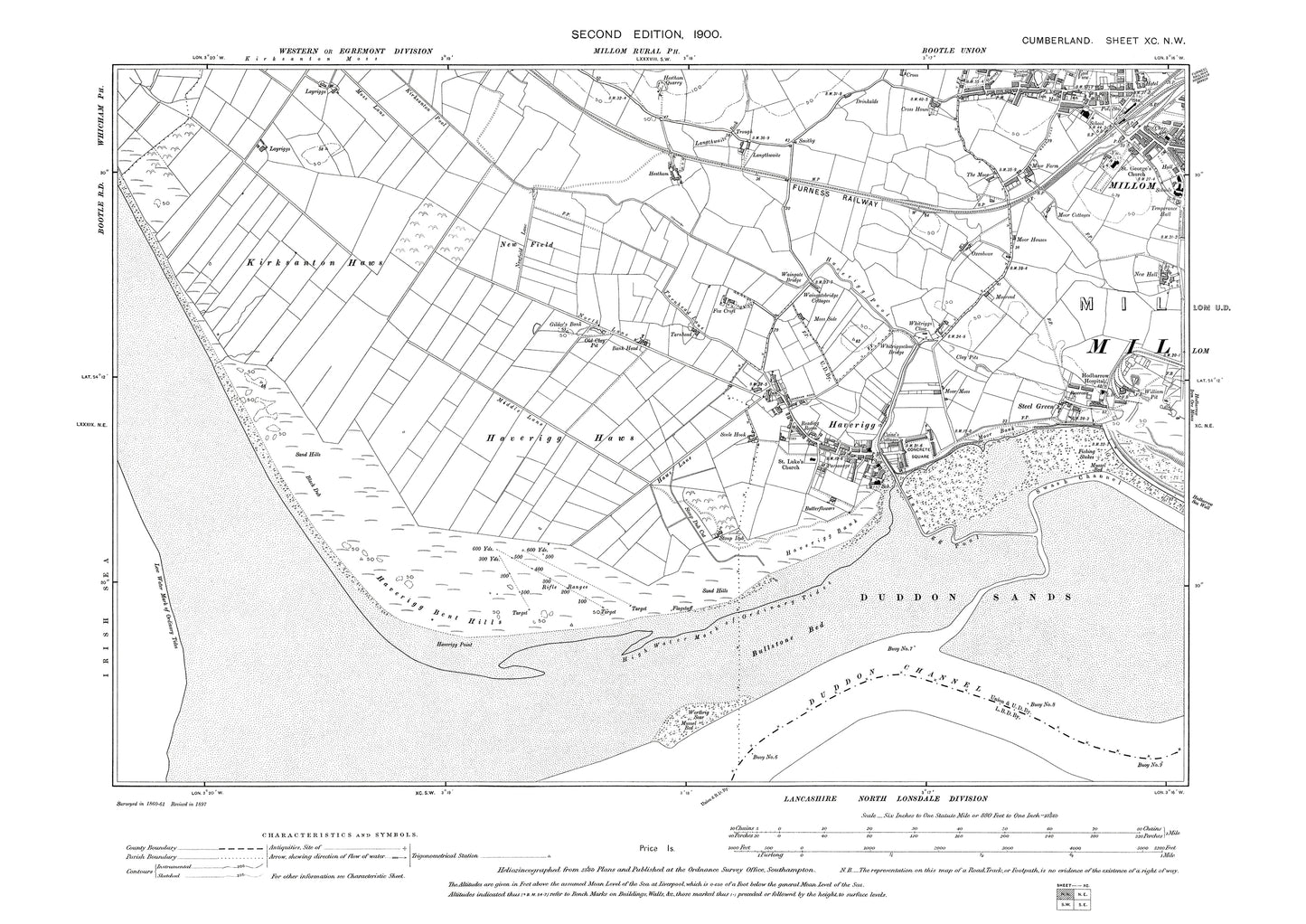 Old OS map dated 1900, showing Millom (west), Haverigg in Cumberland - 90NW