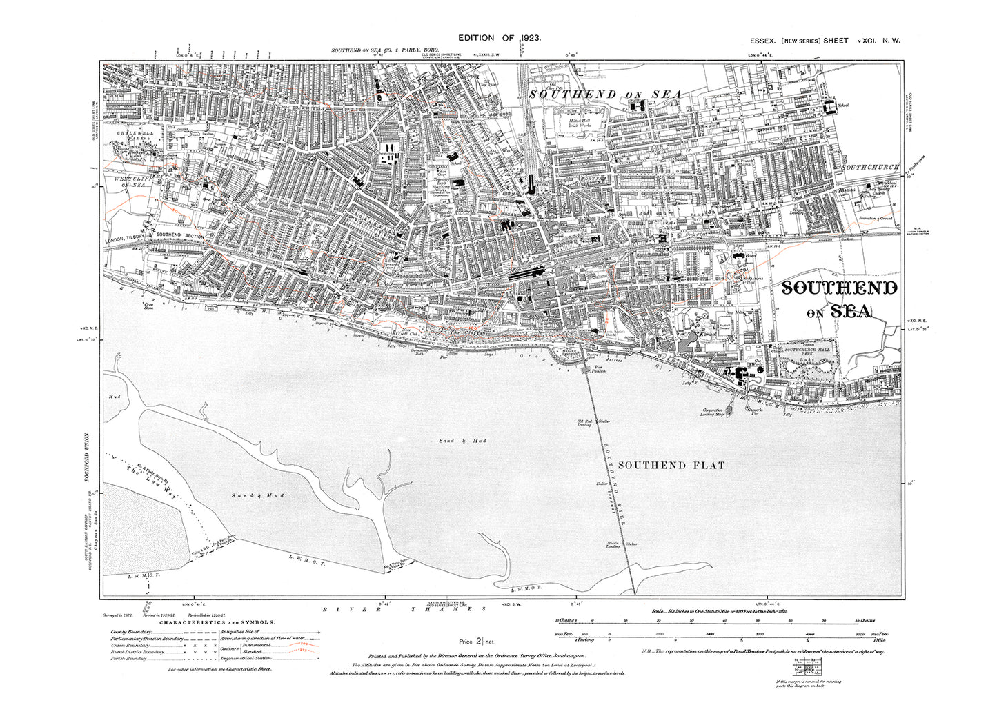 Old OS map dated 1923, showing Southend on Sea in Essex - 91NW