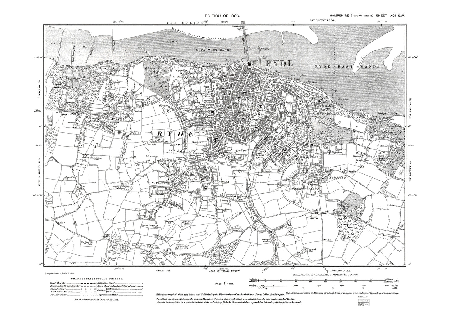 Old OS map dated 1909, showing Ryde, Binstead, Swanmore Isle Of Wight in Hampshire - 91SW