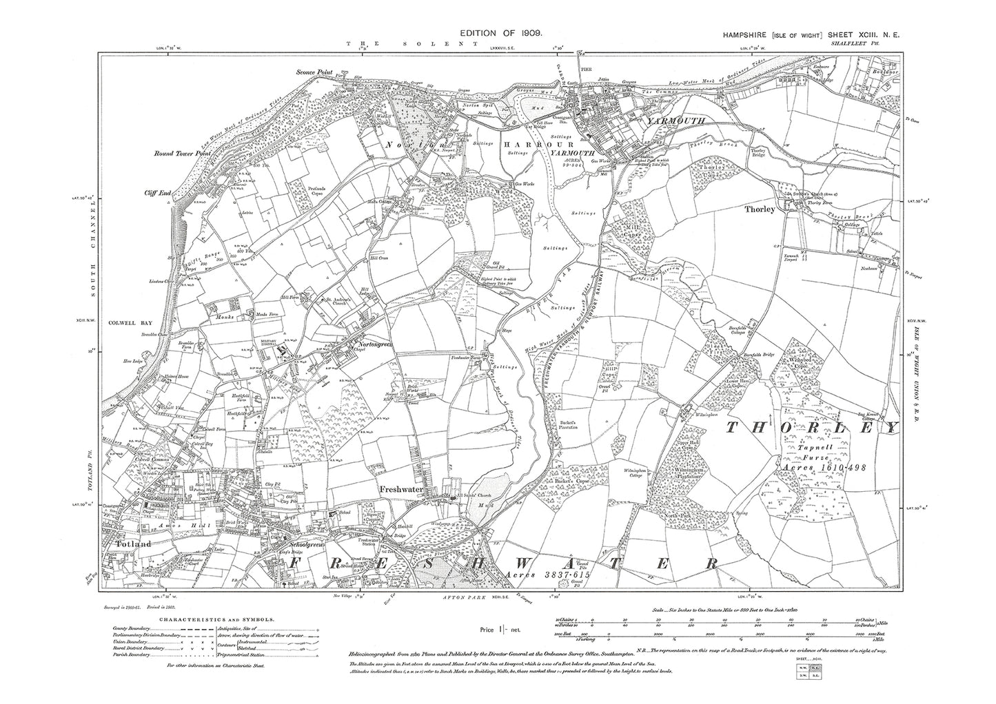 Old OS map dated 1909, showing Yarmouth, Totland Isle Of Wight in Hampshire - 93NE