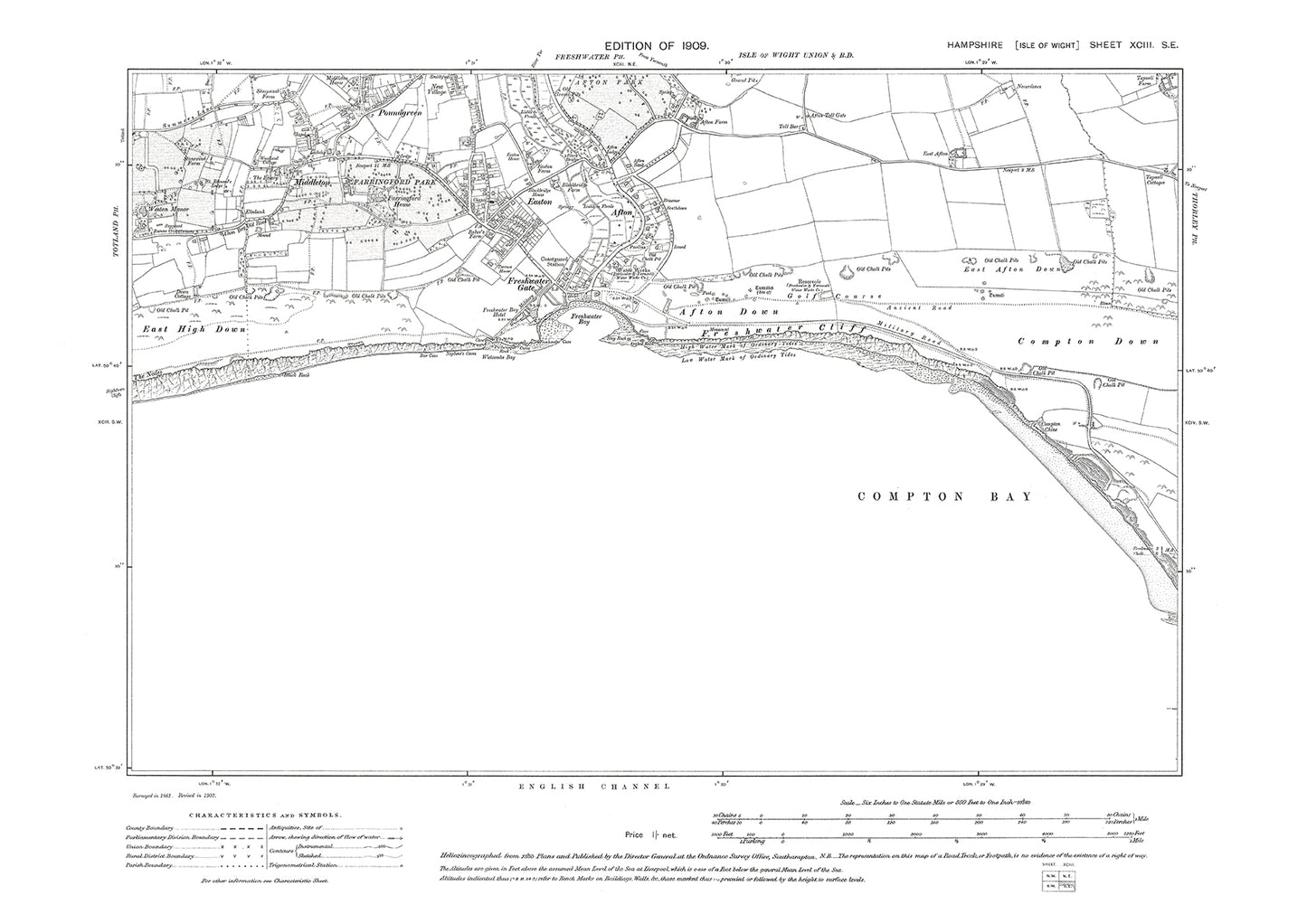 Old OS map dated 1909, showing Easton, Freshwater Gate, Compton Bay, Isle Of Wight in Hampshire - 93SE