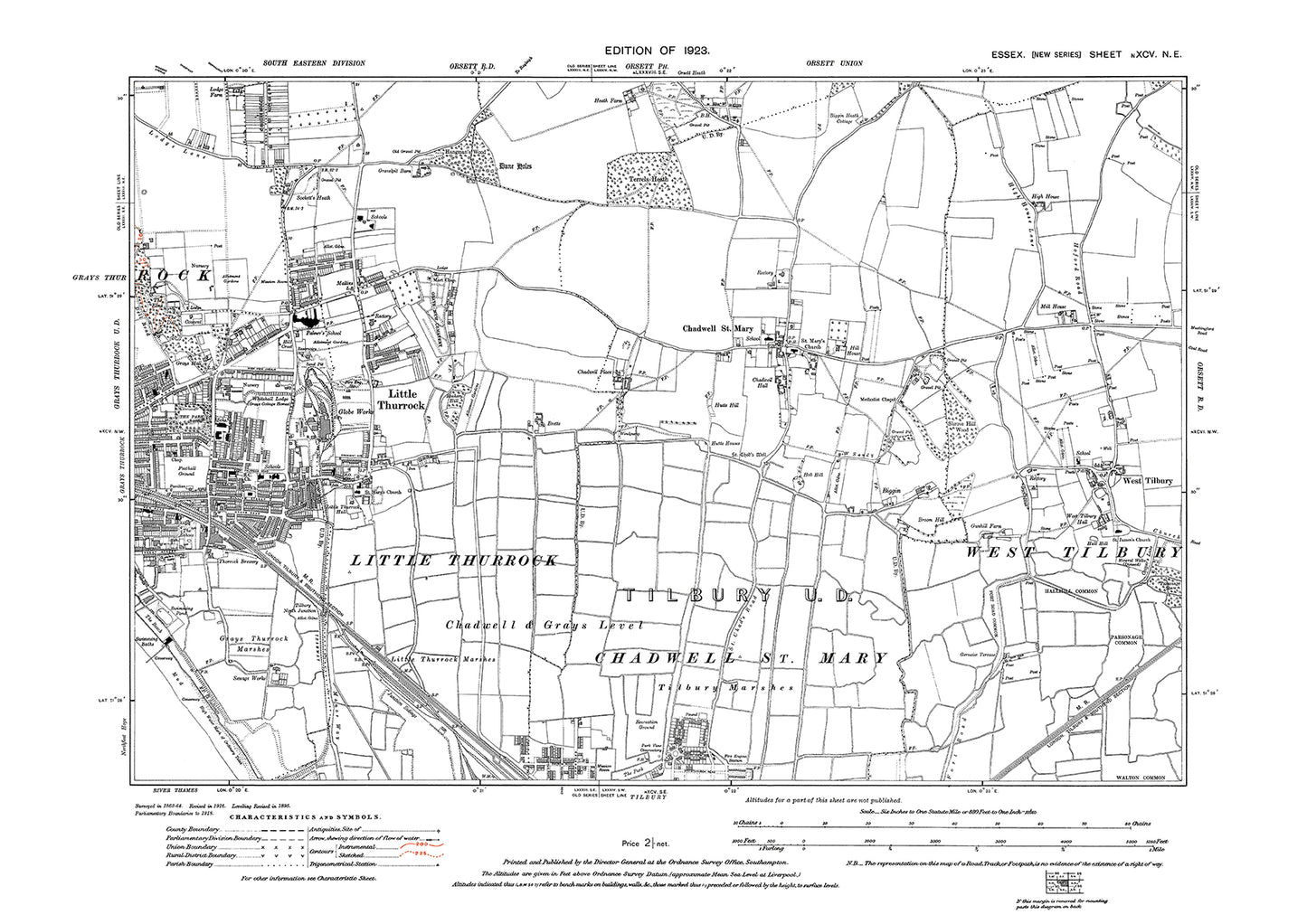 Old OS map dated 1923, showing Little Thurrock, Chadwell St Mary, West Tilbury and Tilbury (north) in Essex - 95NE
