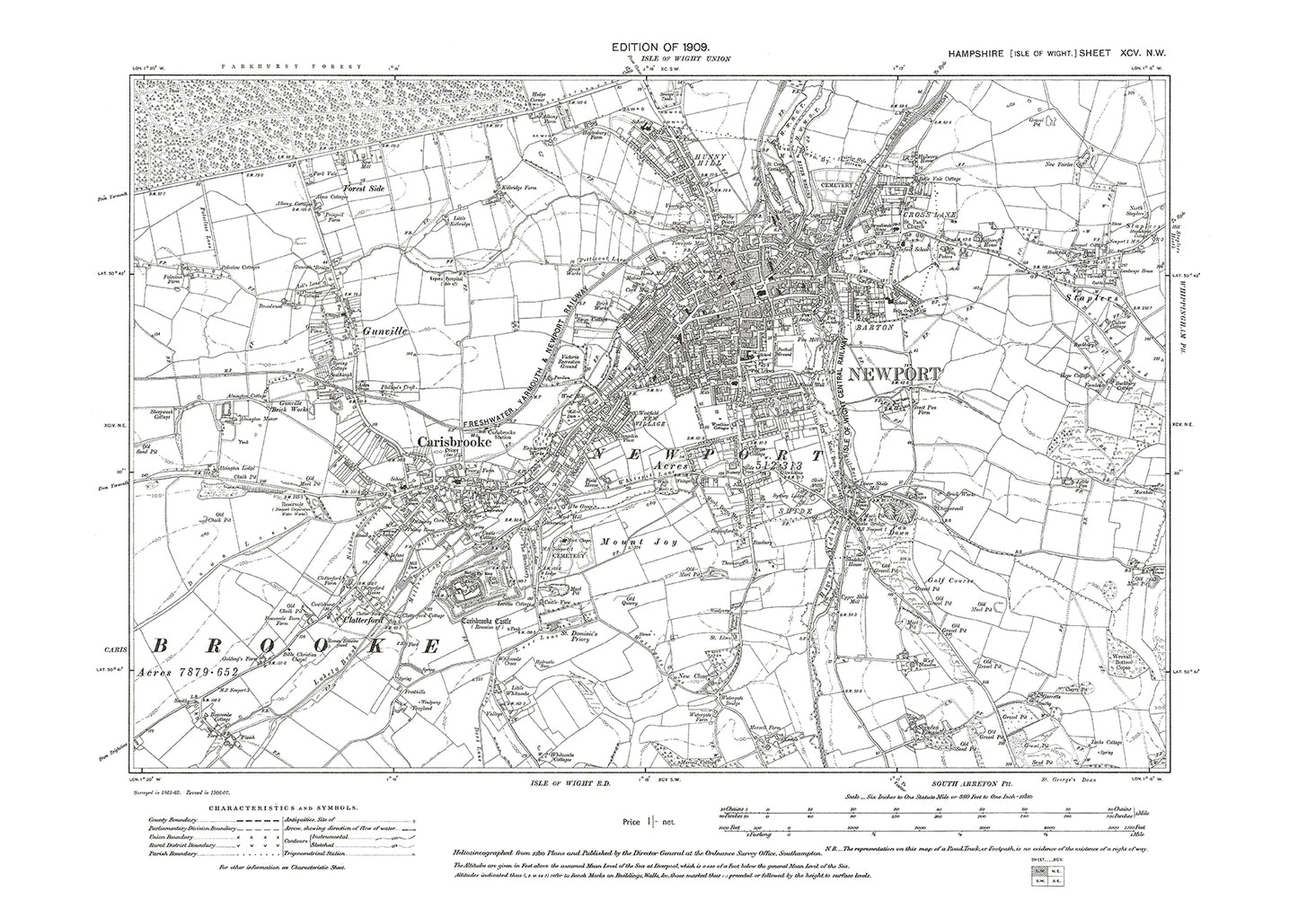 Old OS map dated 1909, showing Newport, Carisbrooke, Gunville Isle Of Wight in Hampshire - 95NW