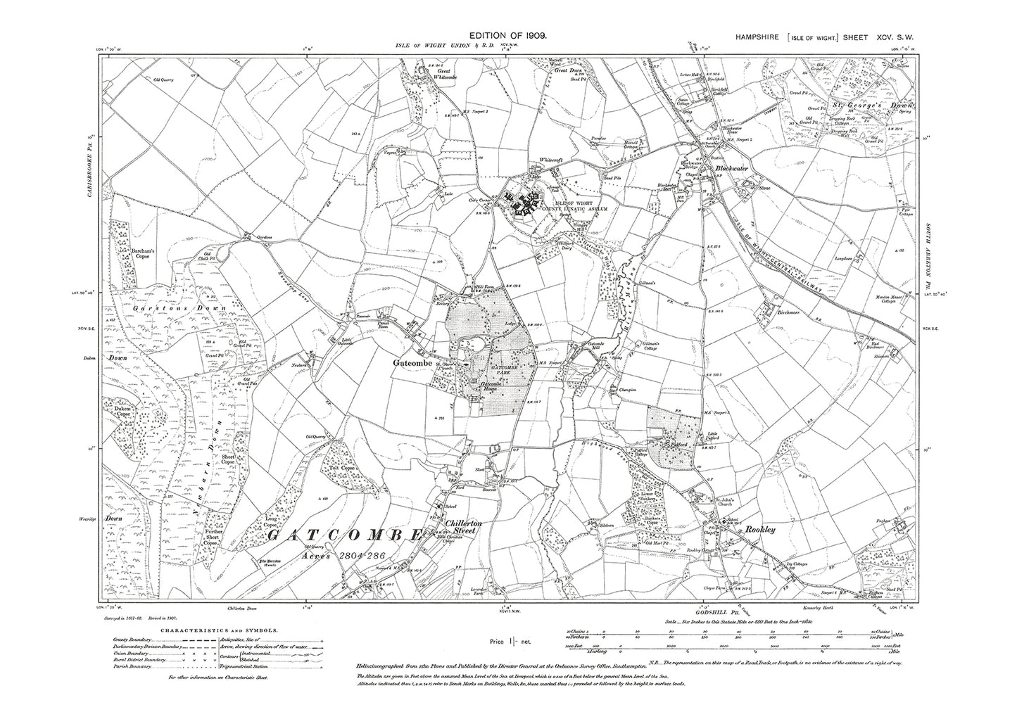 Old OS map dated 1909, showing Gatcombe, Blackwater, Rookley Isle Of Wight in Hampshire - 95SW