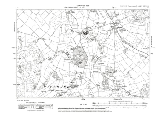 Old OS map dated 1909, showing Gatcombe, Blackwater, Rookley Isle Of Wight in Hampshire - 95SW