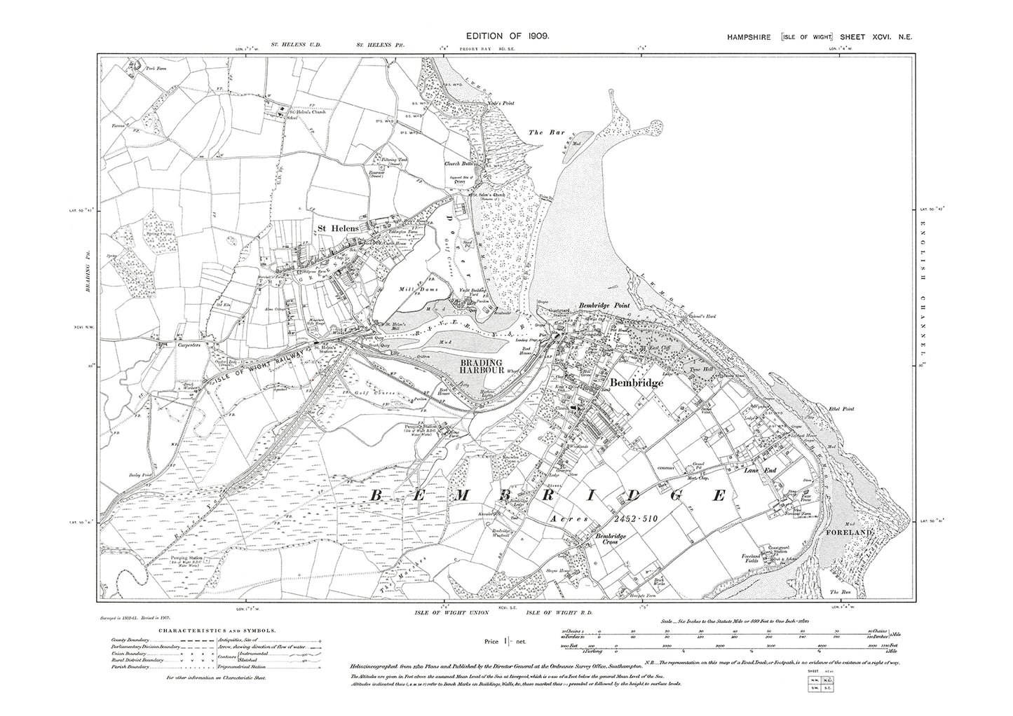 Old OS map dated 1909, showing Bembridge, St Helens, Brading Harbour, Isle Of Wight in Hampshire - 96NE