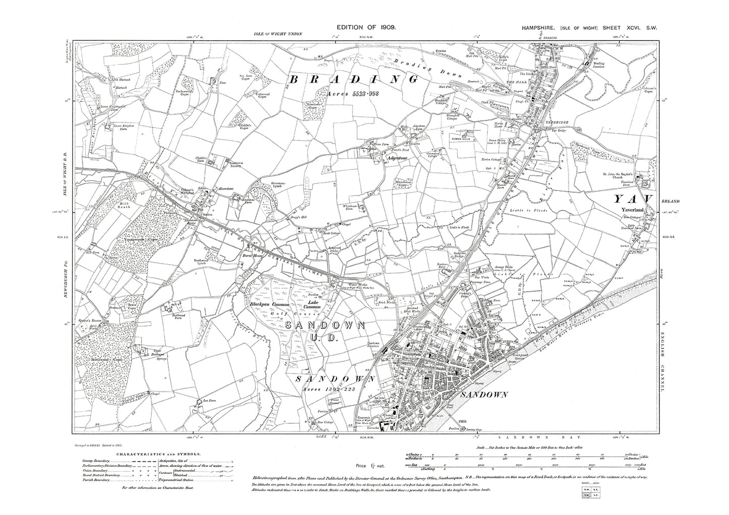 Old OS map dated 1909, showing Sandown, Brading (south), Yarbridge Isle Of Wight in Hampshire - 96SW