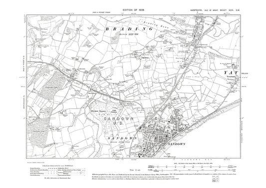 Old OS map dated 1909, showing Sandown, Brading (south), Yarbridge Isle Of Wight in Hampshire - 96SW