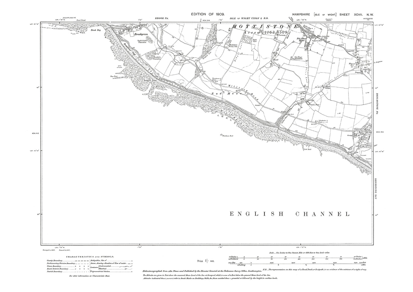 Old OS map dated 1909, showing Brookgreen Isle Of Wight in Hampshire - 97NW