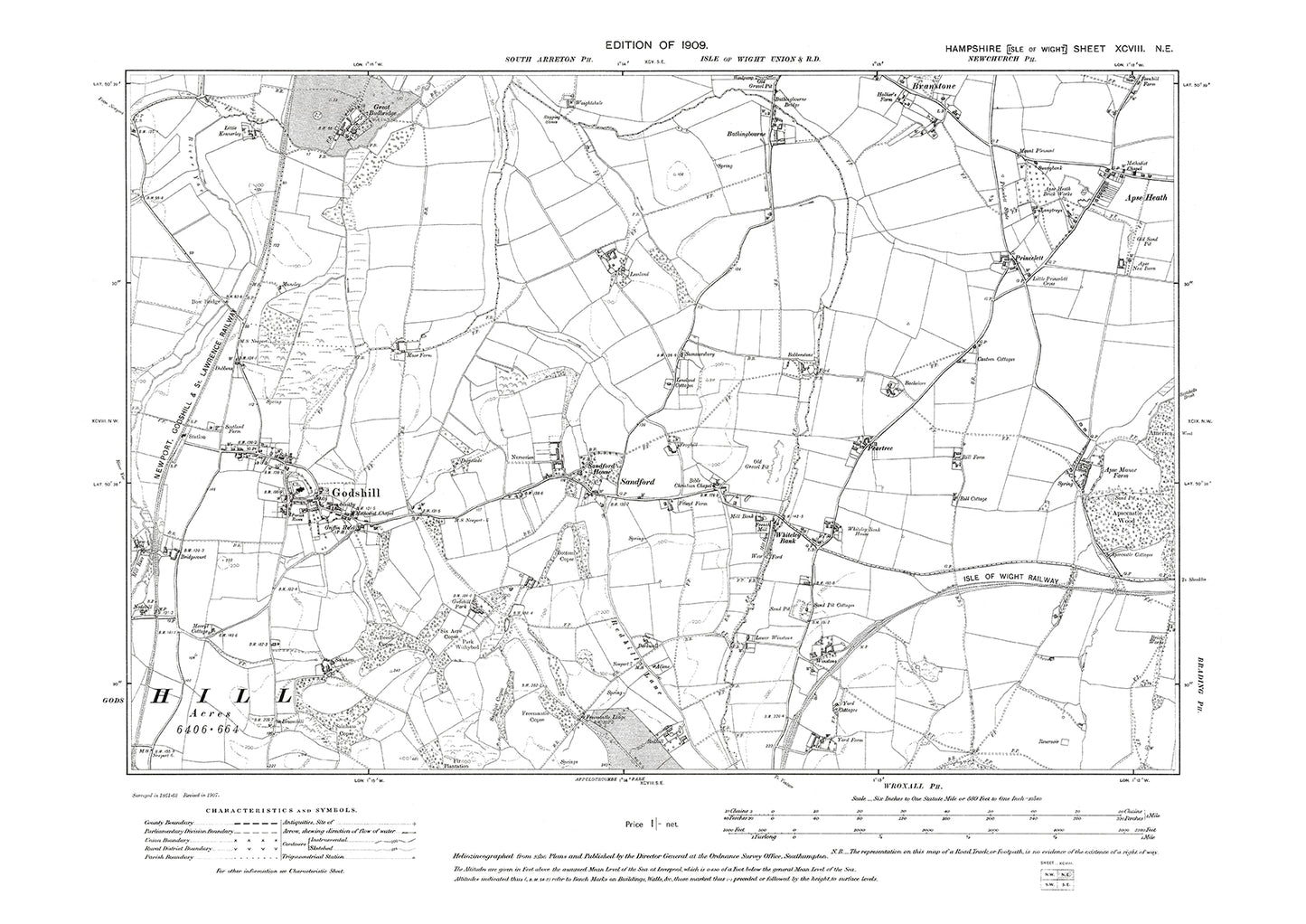 Old OS map dated 1909, showing Godshill Isle Of Wight in Hampshire - 98NE