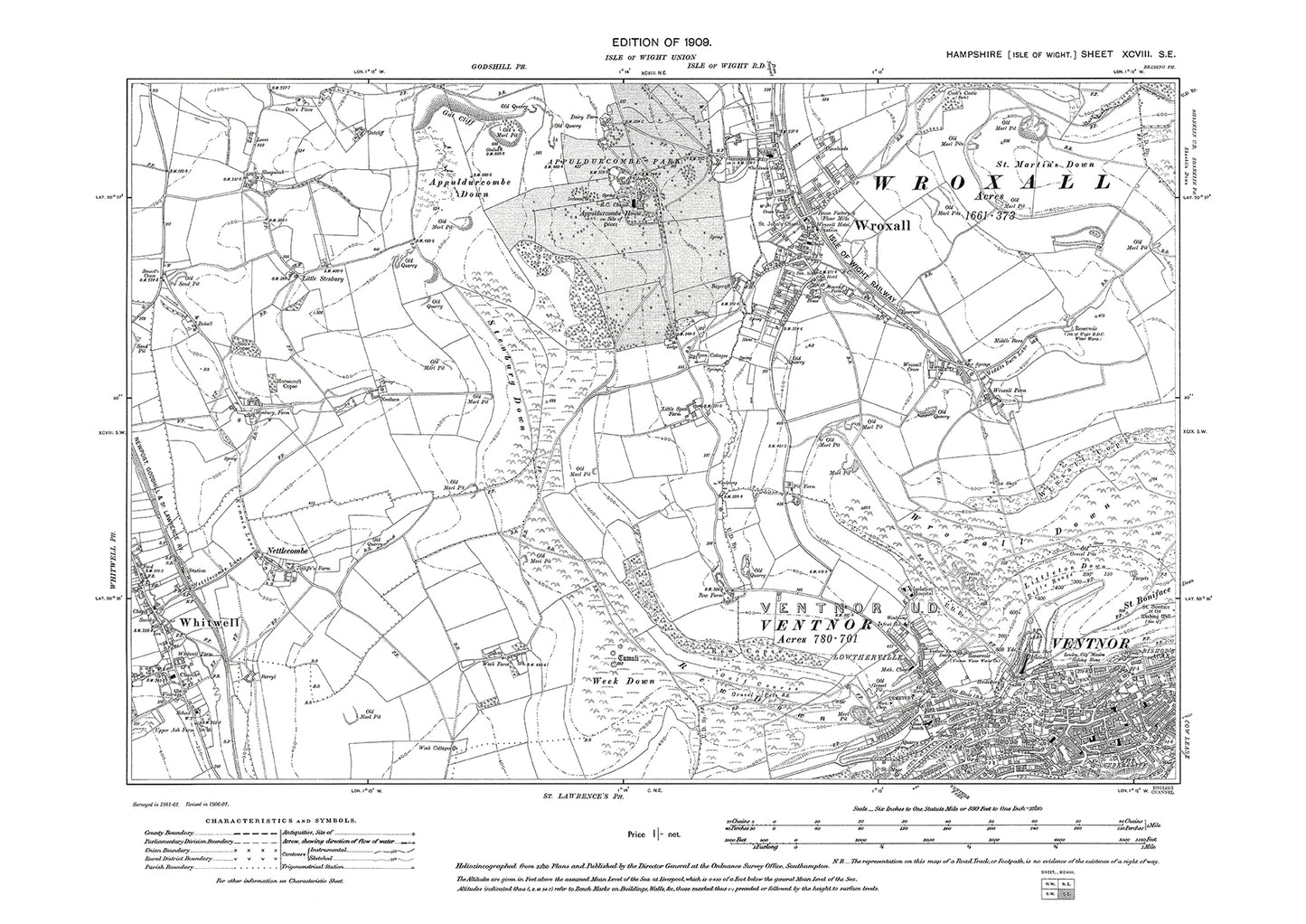 Old OS map dated 1909, showing Wroxall, Ventnor, Whitwell Isle Of Wight in Hampshire - 98SE