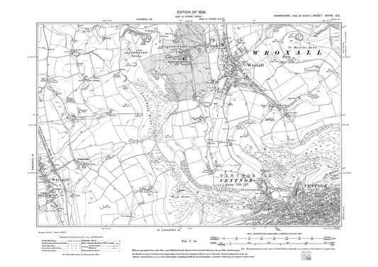 Old OS map dated 1909, showing Wroxall, Ventnor, Whitwell Isle Of Wight in Hampshire - 98SE