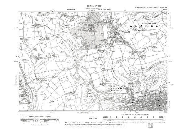 Old OS map dated 1909, showing Wroxall, Ventnor, Whitwell Isle Of Wigh ...