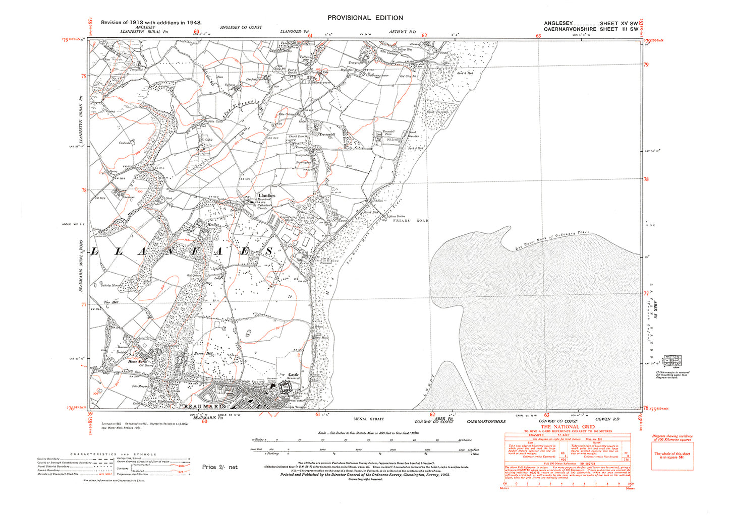 Beaumaris north, Llanfaes, old map Anglesey 1948: 15SW