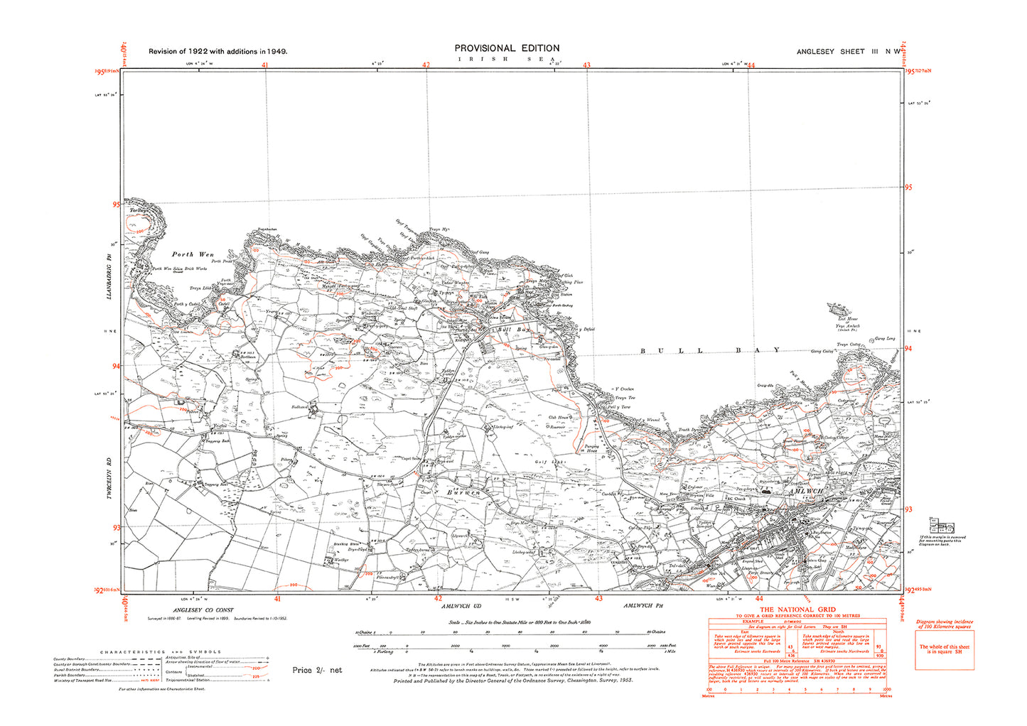 Amlwch, Bull Bay, Porth Wen, old map Anglesey 1949: 3NW