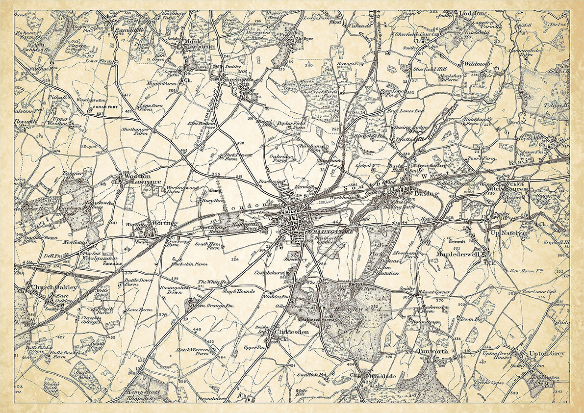 Basingstoke in 1898, showing the town and the surrounding area