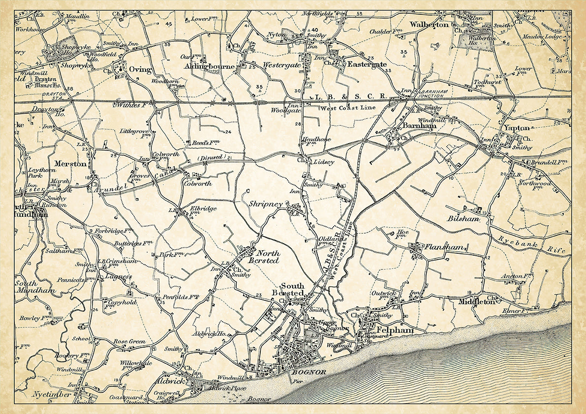 Bognor in 1898, showing the town and the surrounding area