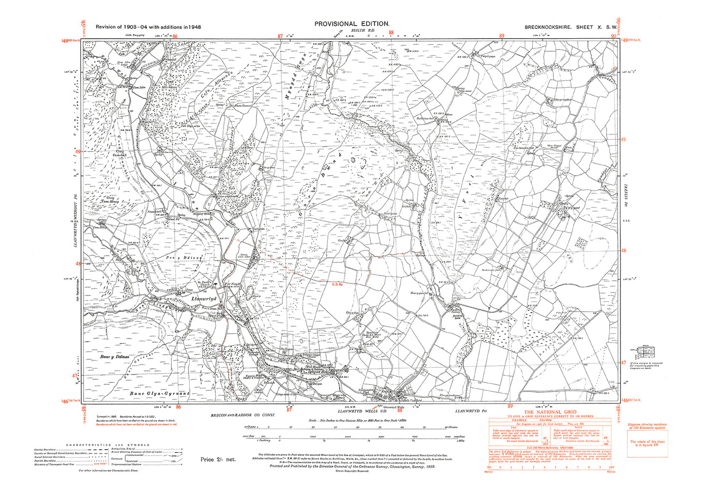 Llanwrtyd Wells north, old map Brecknock 1948: 10SW