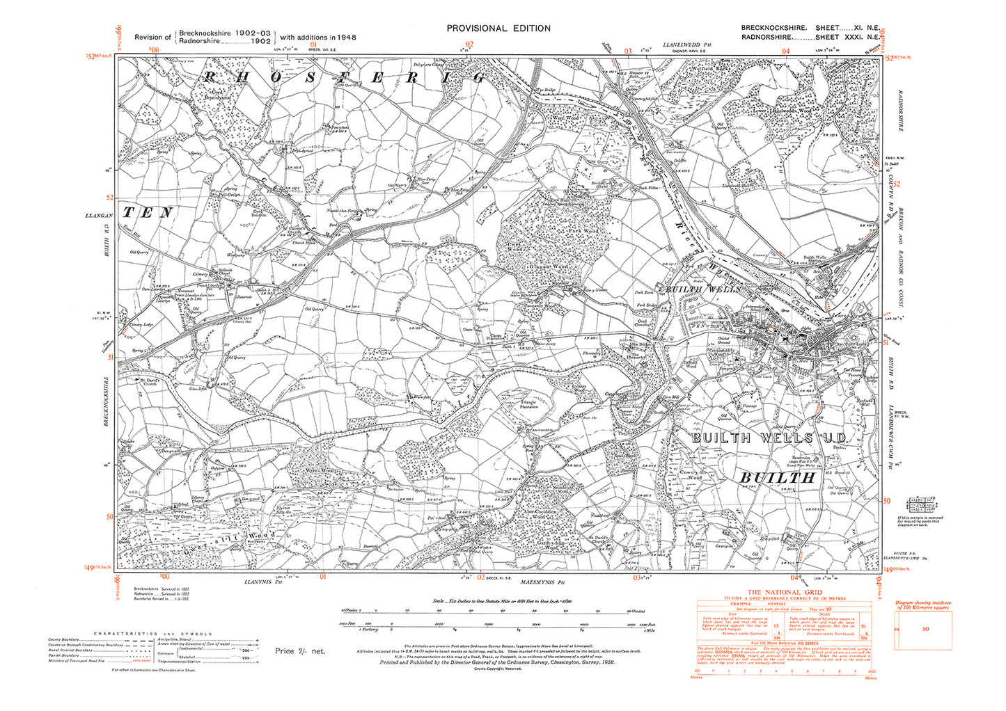 Builth Wells, old map Brecknock 1948: 11NE