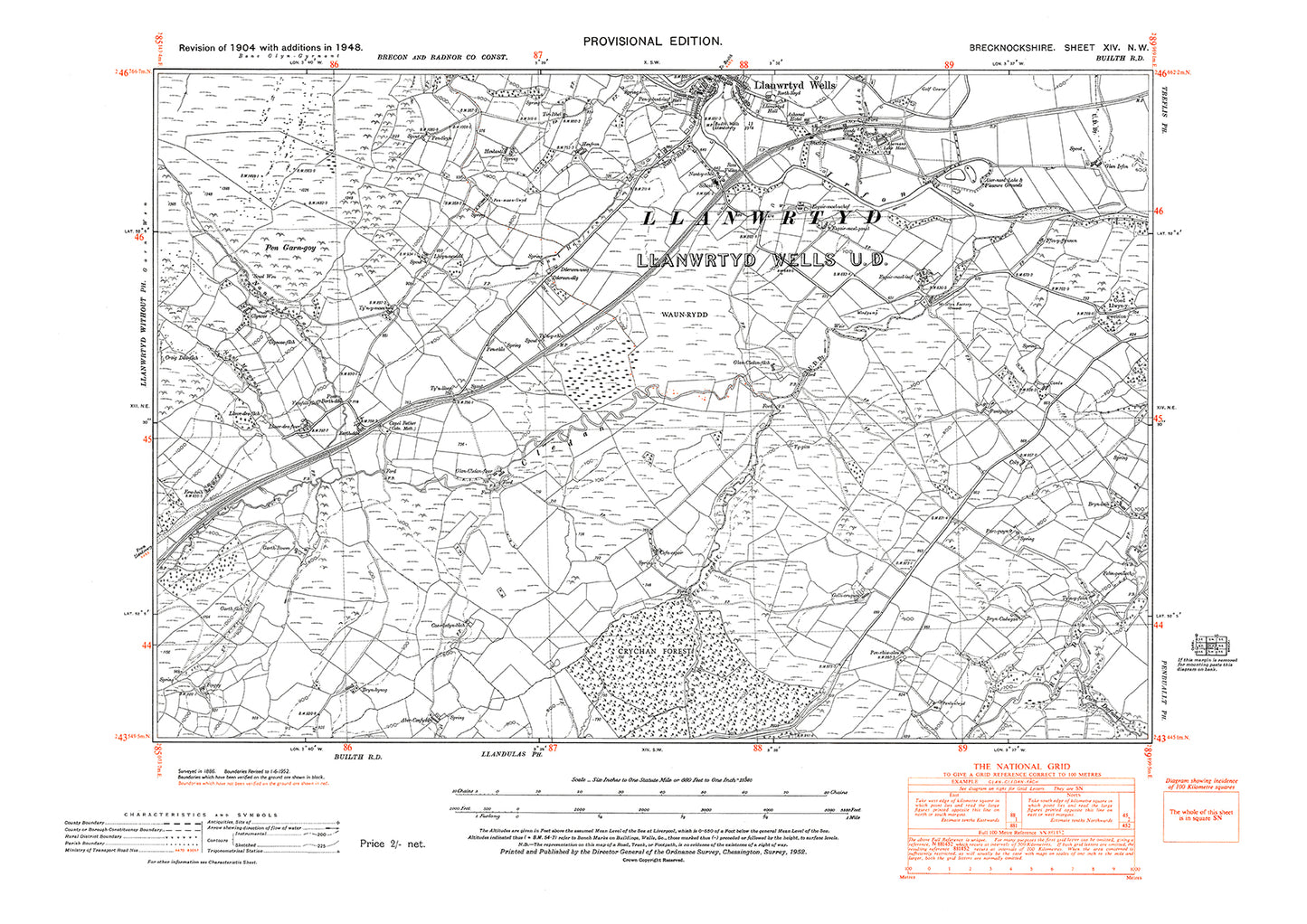 Llanwrtyd Wells south, old map Brecknock 1948: 14NW