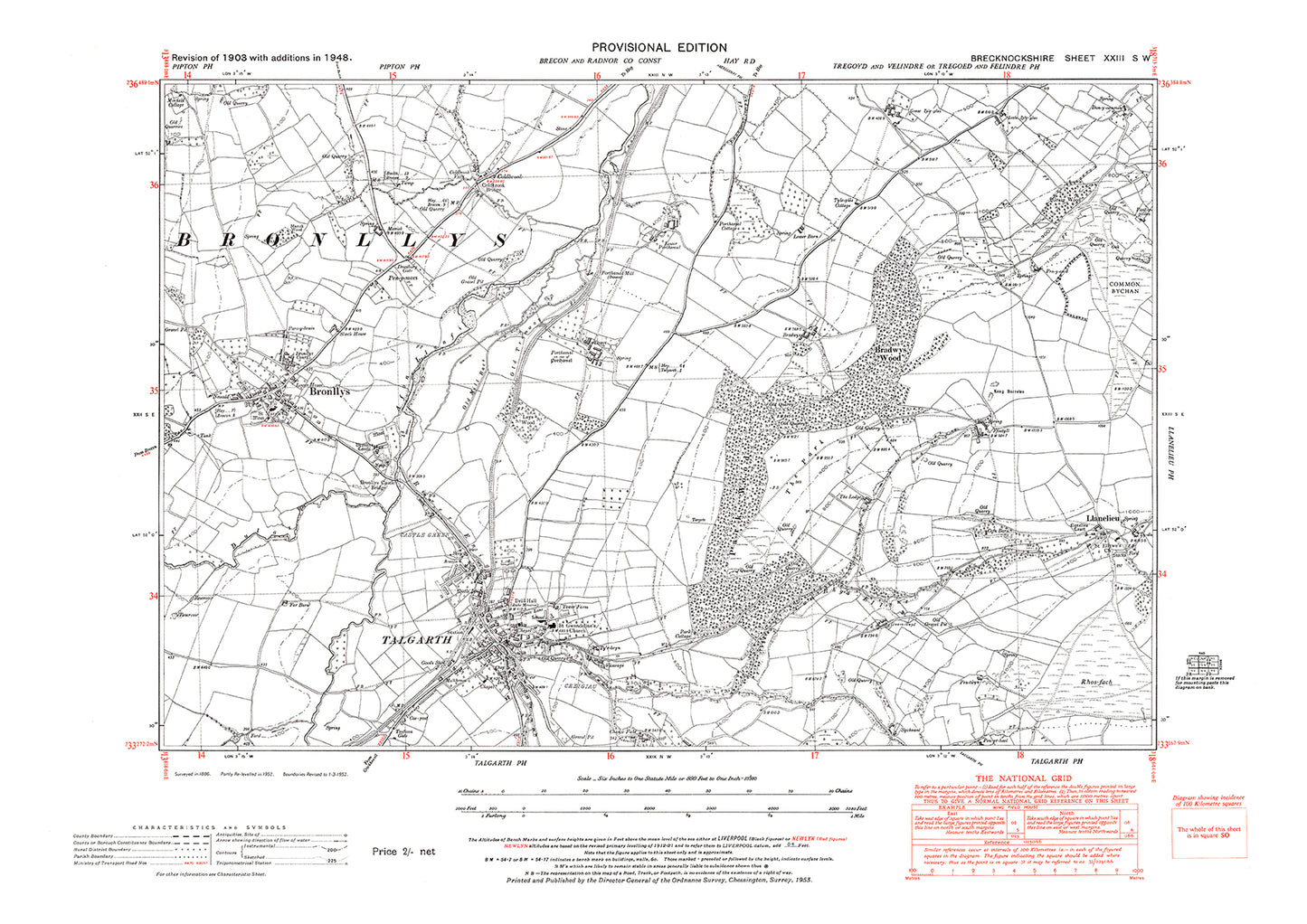 Talgarth, Bronllys, Llanelieu, old map Brecknock 1948: 23SW