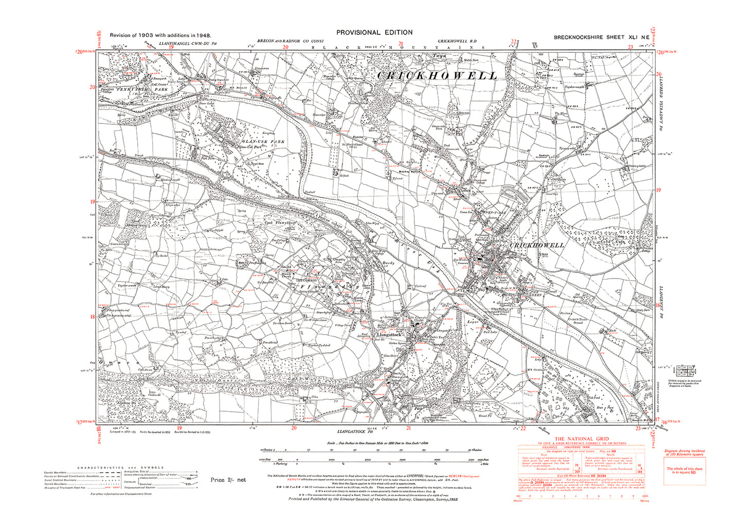 Crickhowell, Llangattock, Glan-Usk Park, old map Brecknock 1948: 41NE