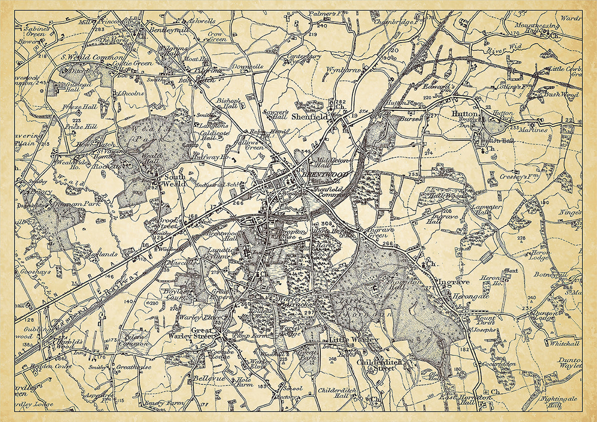 Brentwood in 1898, showing the town and the surrounding area