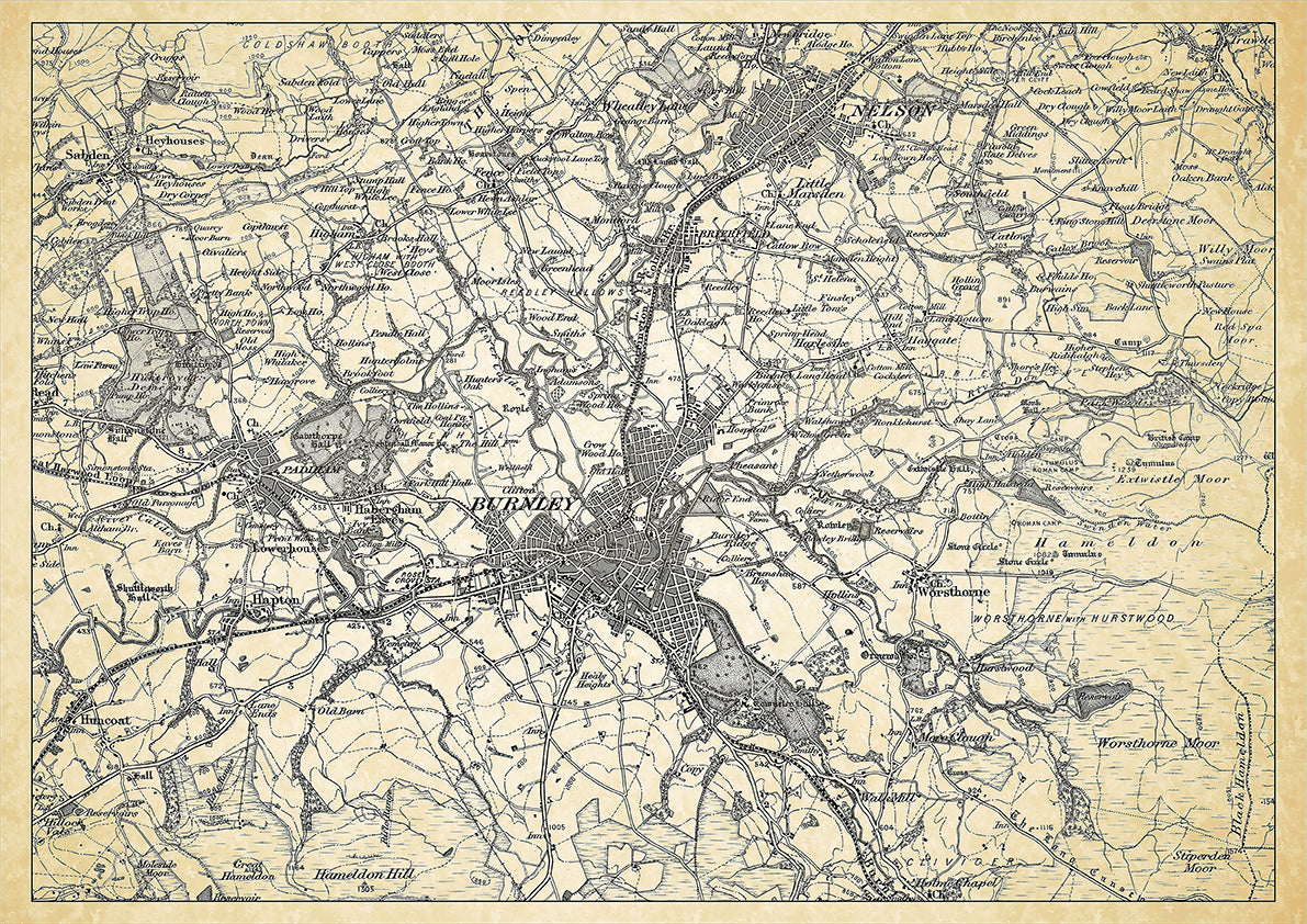 Burnley in 1898, showing the town and the surrounding area