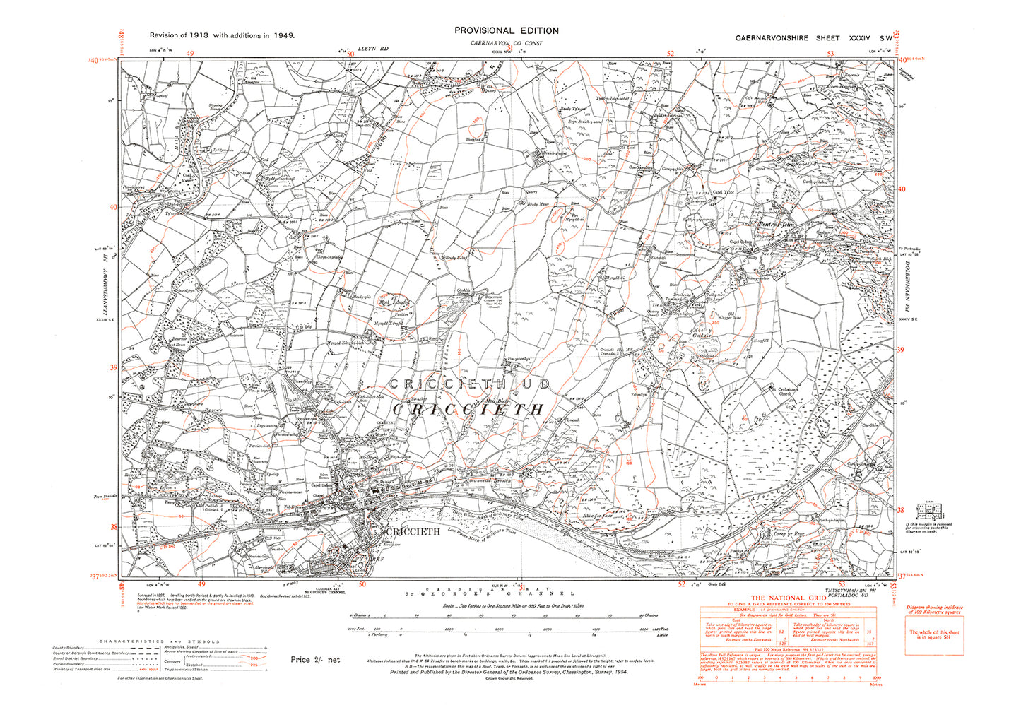 Criccieth, Pentr'r-felin, old map Caernarvon 1949: 34SW