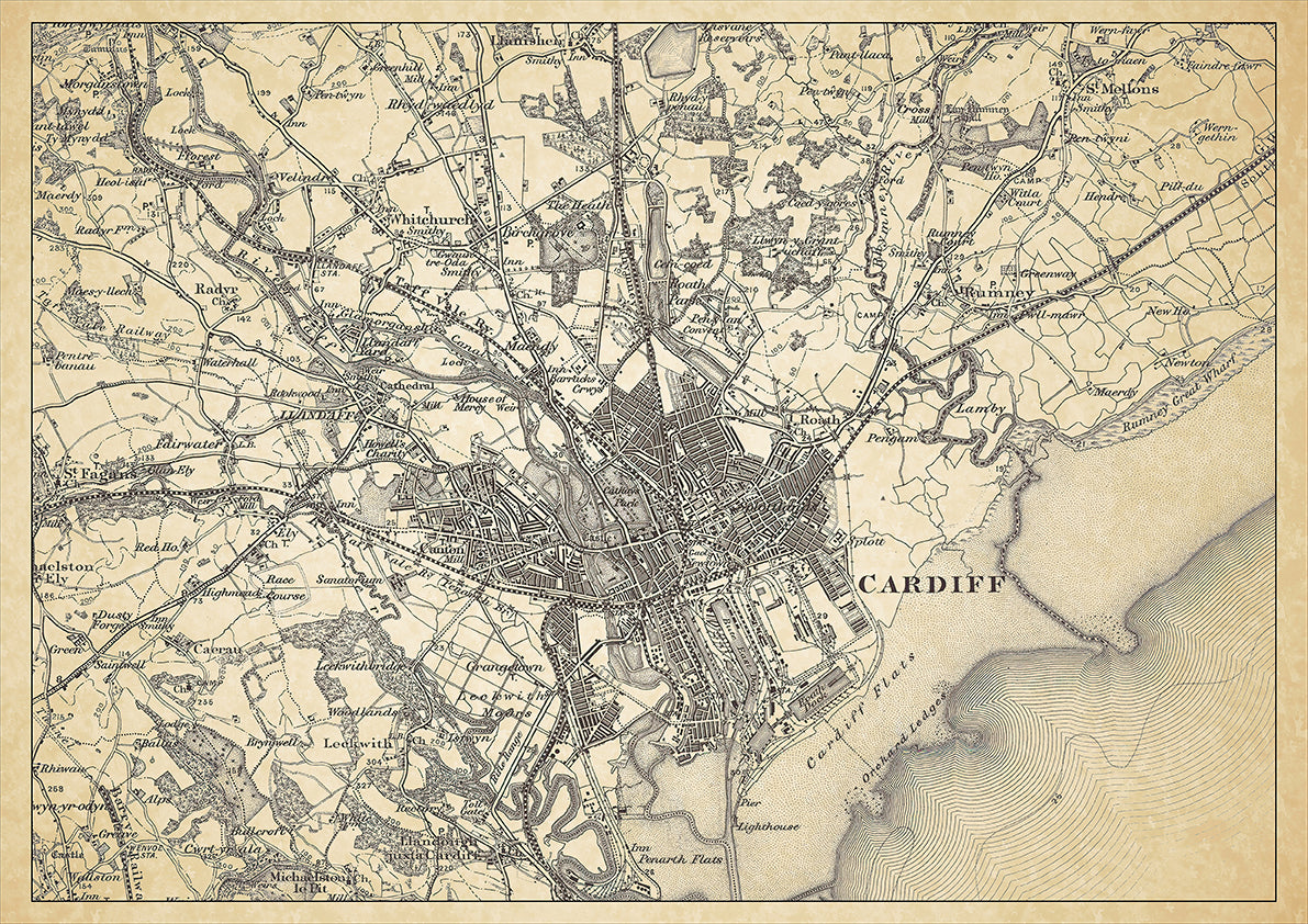 Cardiff in 1898, showing the town and the surrounding area