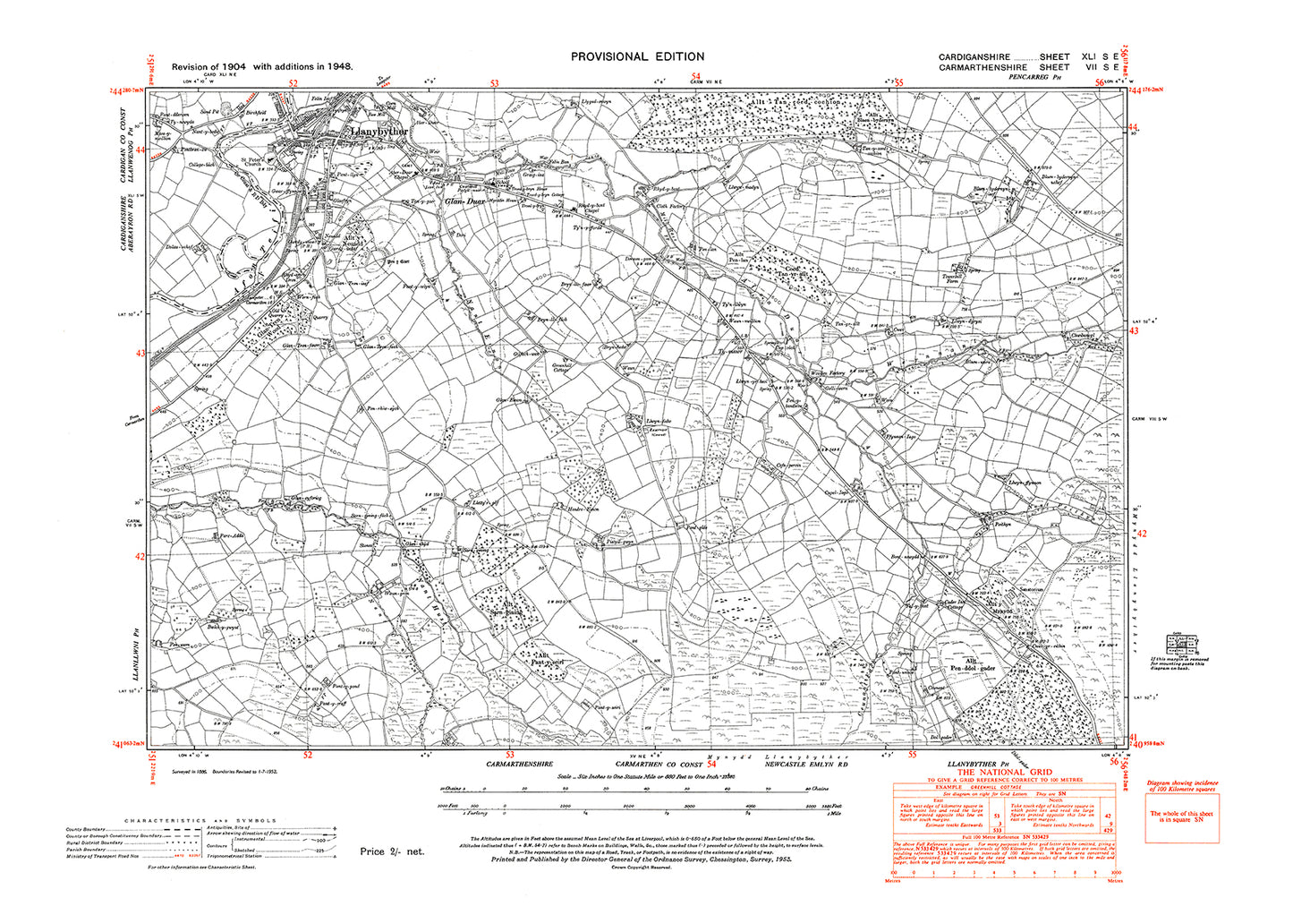 Llanybyther, old map Cardigan 1948: 41SE