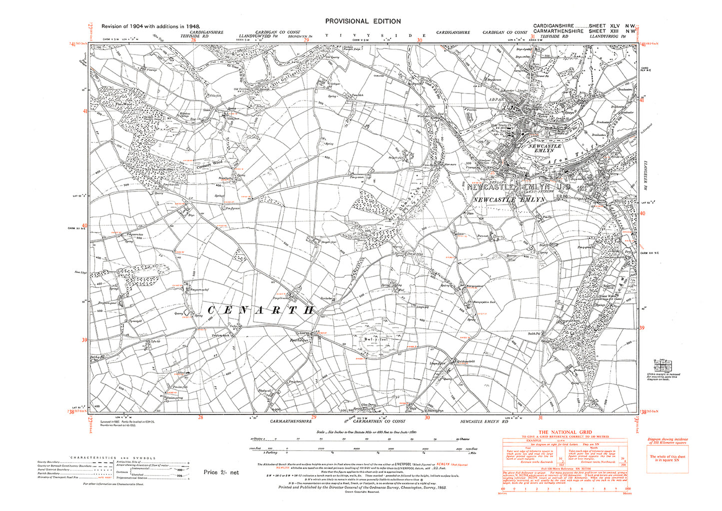 Newcastle Emlyn, old map Cardigan 1948: 45NW