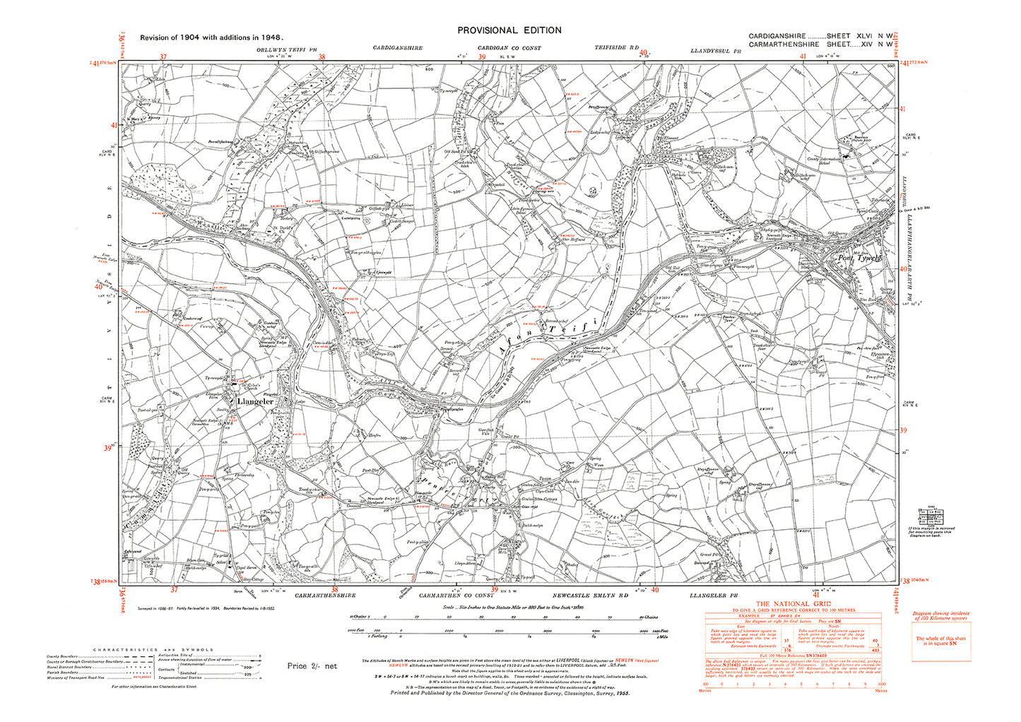 Pont Tywely, Pentre-cwrt, old map Carmarthen 1948: 14NW