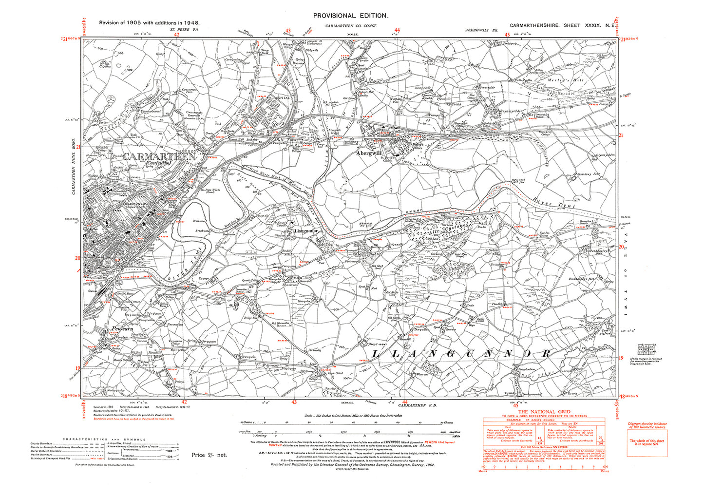 Carmarthen (east), Abergwili, Pen-sarn, old map Carmarthen 1948: 39NE