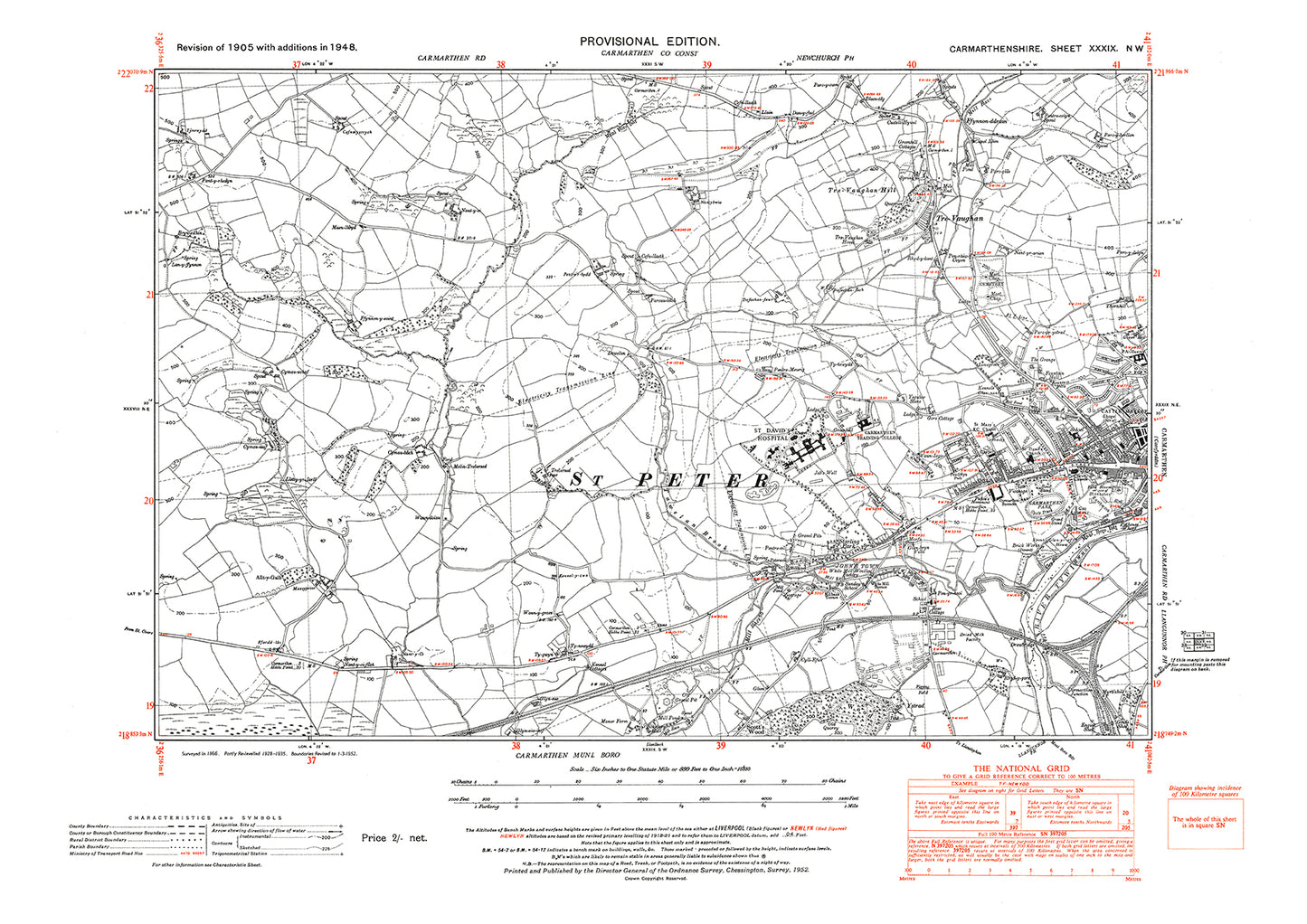 Carmarthen west, TreVaughan, old map Carmarthen 1948: 39NW