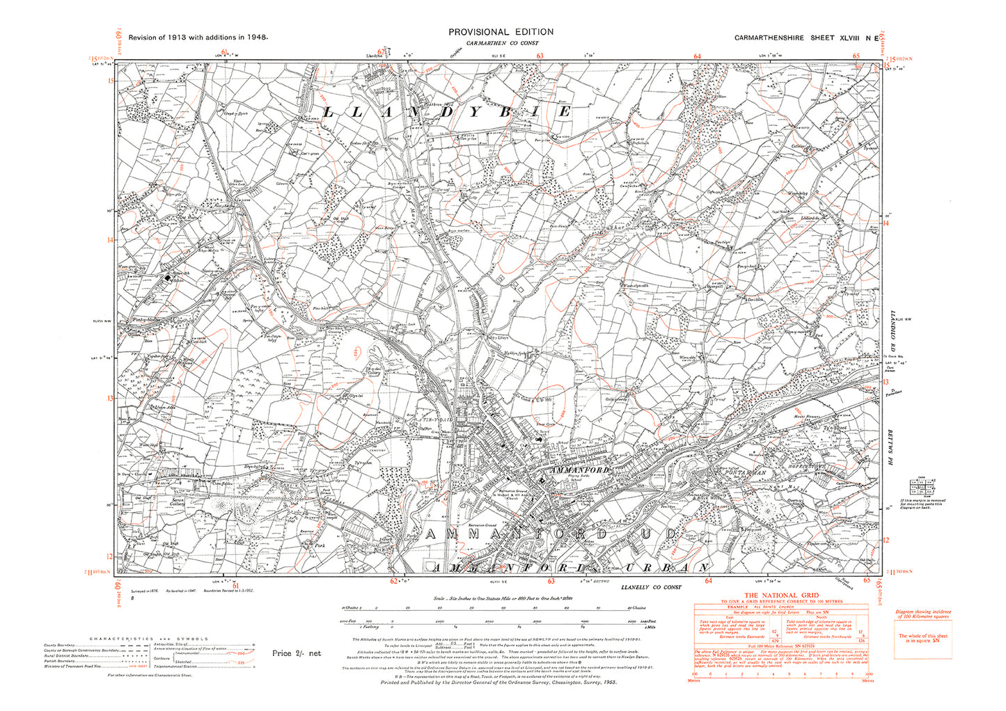 Ammanford, Llandybie south, old map Carmarthen 1948: 48NE