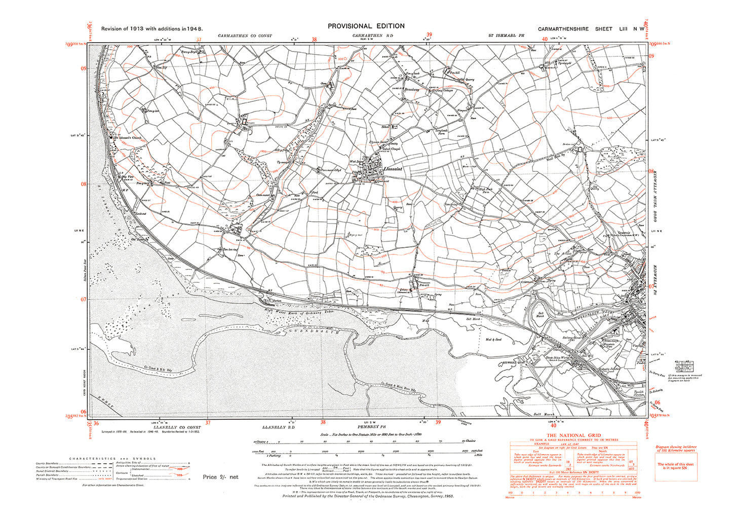 Llansaint, Kidwelly (west), old map Carmarthen 1948: 53NW